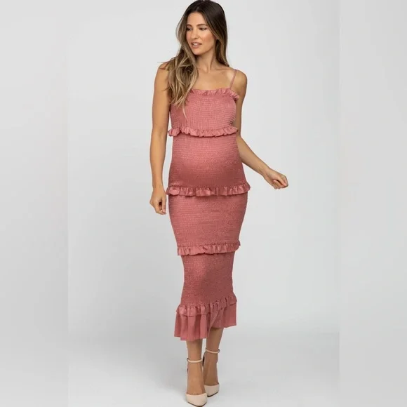 PinkBlush satin smocked bodycon midi dress nwot - Picture 2 of 15